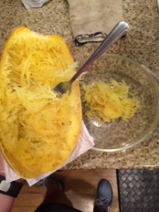 When the squash is cool to the touch use a fork to scrape out the insides. It instantly takes on the look of spaghetti, no special fork-ing technique required!
