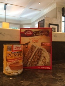 You just need 1 15 oz can of pumpkin and a box of cake mix. I used spice cake but you can use yellow, white or carrot too.